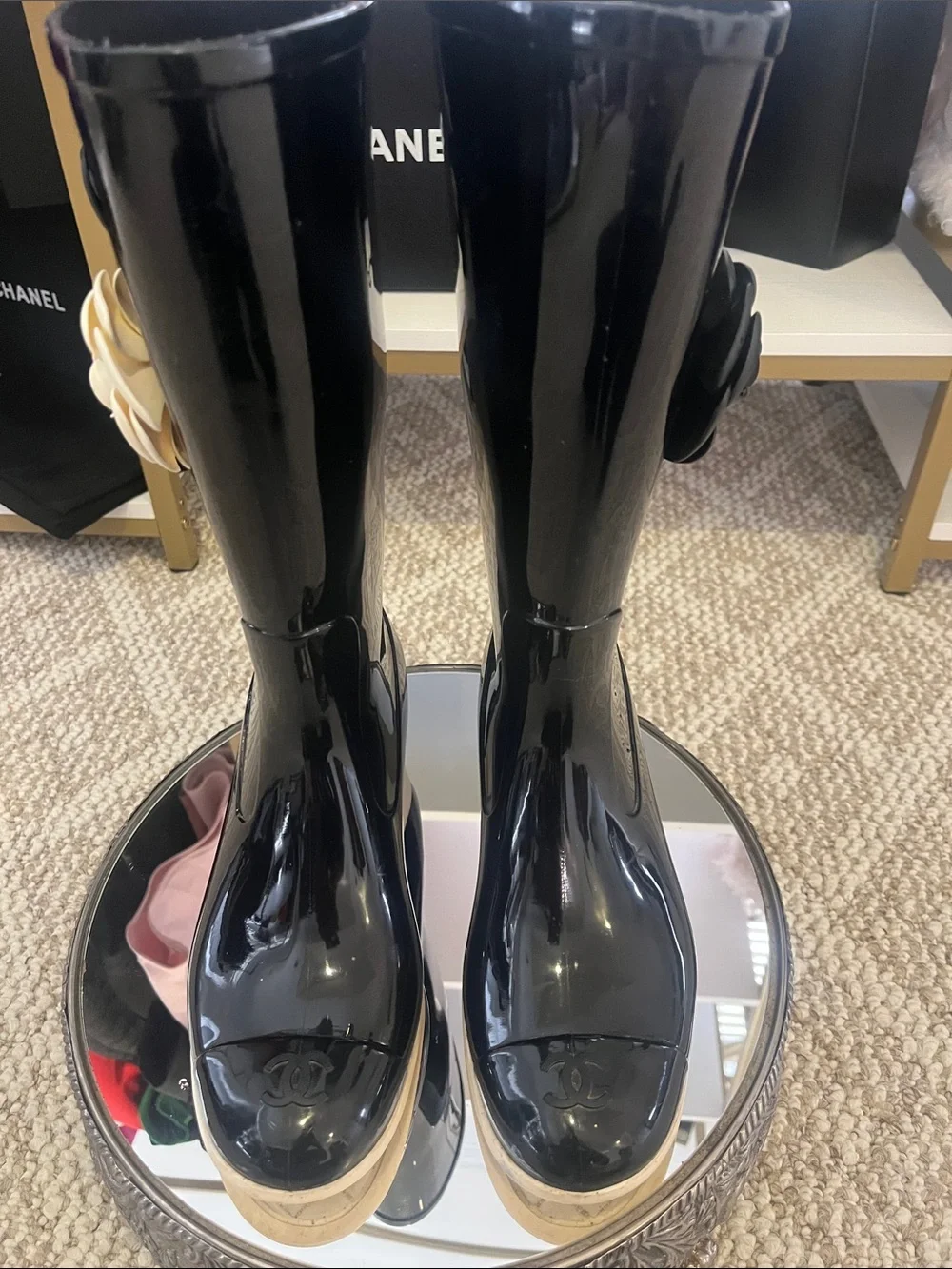 Authentic CHANEL Black Patent Rain Boots with Black and Cream Camellia